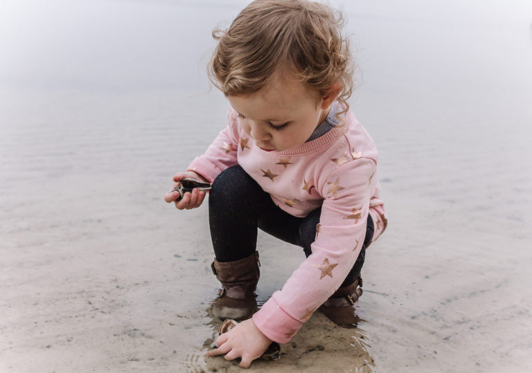 little girl collecting sea shell
